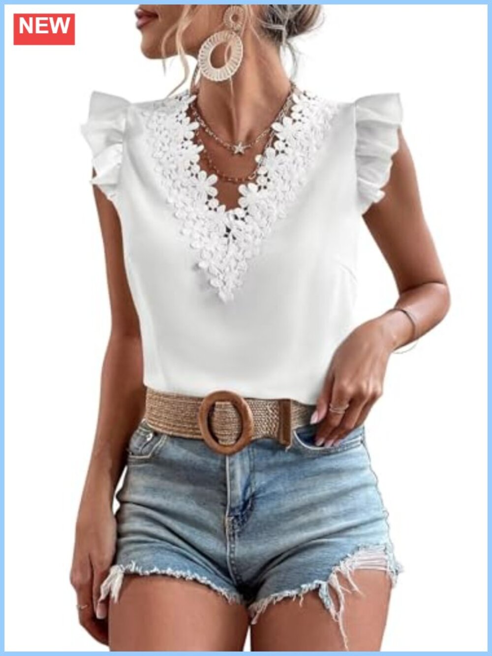 Womens Floral Lace V-Neck Ruffle Sleeve Babydoll Blouse
